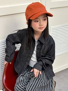 Dazy Kids (Gadis Remaja) Atasan Denim Gelap Pendek Lengan Panjang Kerah Lipat Musim Gugur - Hitam - View 6
