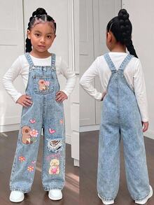 SHEIN Young Girls Fall/Winter Y2k Chic Cartoon Capybara Ripped Denim Loose Overalls,For Kids Girls Daily&Streetwear Outfits,Girls Christmas&Birthday Outfits - Blue - View 7