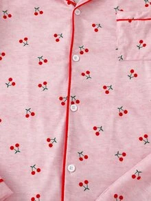 Teen Girls Beautiful Cute Red Cherry Pattern Elegant Comfortable Long Sleeve Pants 2 Pieces Loungewear Set - Pink - View 6