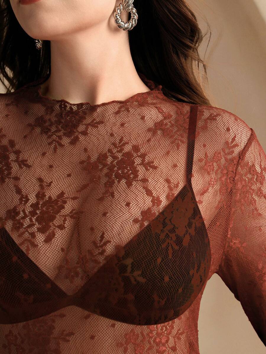 Anewsta Sexy Sheer Lace Long Sleeve Top - Burnt Orange - View 1
