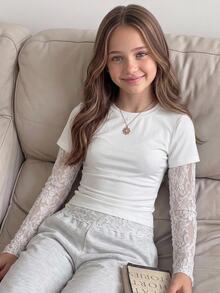 SHEIN Tween Girls White Knitted Fitted Waist Design Contrast Lace 2 In 1 T-Shirt, Suitable For Daily Commute And Back To School Outfits - White - View 1