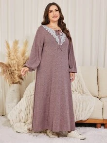 Lacomfia Women's Lantern Sleeve Embroidered Patchwork Casual Daily Versatile Autumn Pink Plus Size Dress - Pink - View 3