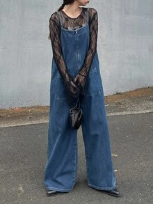 FRIFUL Women's Pocket Design Casual Streetwear Wide Leg Denim Overalls Everyday Going Out - Blue - View 1