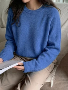 DAZY 女款素色落肩袖長袖休閒商務套頭毛衣，秋季長袖上衣，秋季女裝 - 藍色 - 查看 1