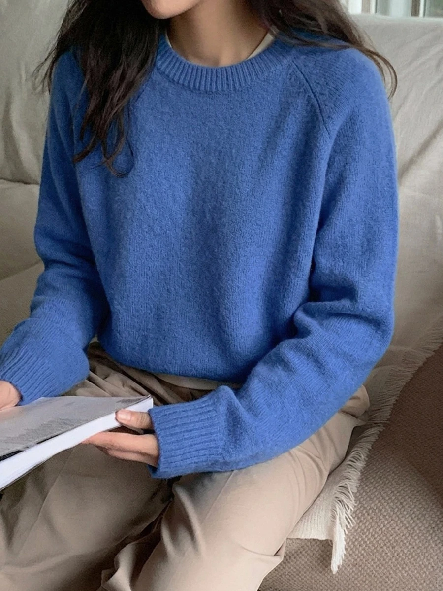 DAZY 女款素色落肩袖長袖休閒商務套頭毛衣,秋季長袖上衣,秋季女裝 - 藍色 - 查看 1