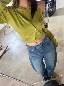 DAZY 對比縫線寬鬆弧形褲管休閒街頭風夏季女款牛仔褲 - 中等水洗藍 - 查看 4