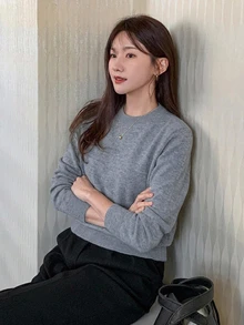 DAZY 女款圓領寬鬆基礎針織毛衣，長袖上衣，秋季服飾 - 灰色 - 查看 7