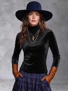 Solivie 女款秋季天鵝絨長袖T恤，天鵝絨打底衫秋季穿搭，優雅女式襯衫，職場女裝，時尚上衣，派對穿搭 - 黑色 - 查看 3
