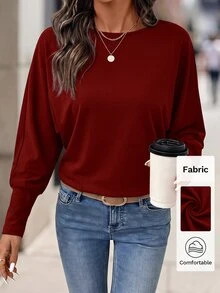 Editum 女款優雅圓領淺米色柔軟長袖T恤，休閒秋季日常穿著，適合早午餐、嘉年華派對、海灘度假Y2K上衣 - 紅色 - 查看 1
