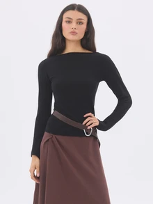 KÆRIA Hus Reversible Boat Neck Cutout Back Long Sleeve Knit Top - Fine Wool Blend - Black - Minimalist, Layering,Layering, Modern, Sexy - Black - View 7