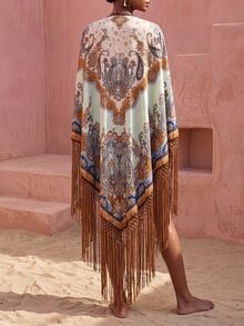 Zivah New Elegant Women's Oversized Multi-Color Printed Shawl Collar Kimono Cover Up With Tassels, Versatile For Beach, Vacation, Commute And Multiple Occasions - Multicolor - View 3