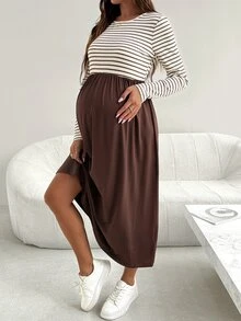 SHEIN Maternity Patchwork Striped Round Neck Long Sleeve Casual Dress - Brown - View 3