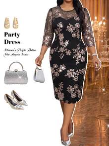 Fleurora Plus Size Women's Patchwork Floral Sequin Mesh 3/4 Sleeve Elegant Dress Christmas Wedding Formal Black And Gold Fall - Purple - View 6