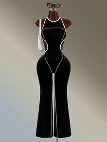 Amplova Women's Black Round Neck Tank Top Backless Long Flare Leg Jumpsuit - Black - View 2