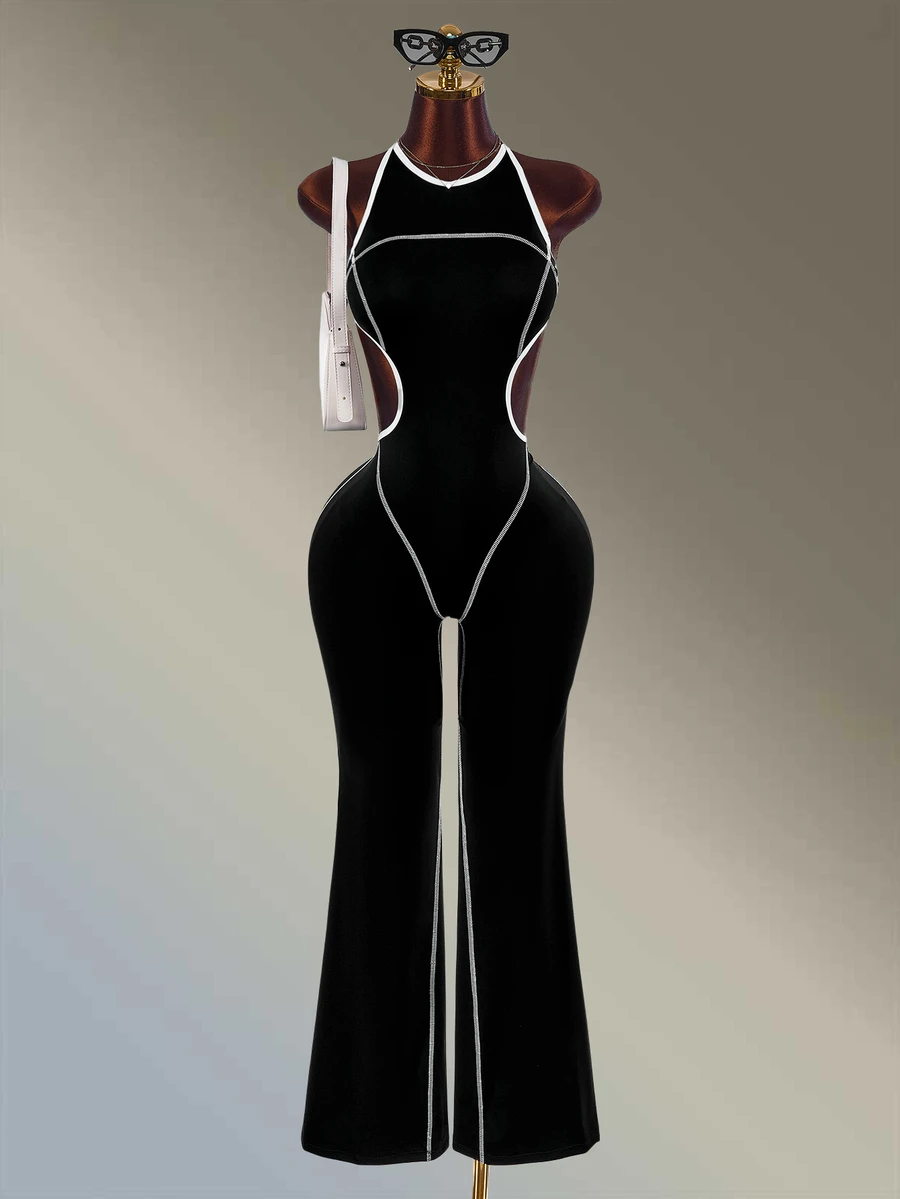 Amplova Jumpsuit Wanita Hitam Model Tank Top Leher Bulat Tanpa Punggung dengan Kaki Lebar - Hitam - View 1