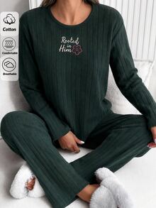 SHEIN Women Rooted In Him Floral Slogan Crew Neck Long Sleeve Soft Ribbed Top And Matching Pants Casual Relaxed Fit 2 Pieces Pajama Set - Dark Green - View 8