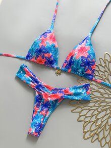 SHEIN Swim Swim MOD 2件組 春夏度假款 隨機印花櫻桃飾品掛脖三角比基尼上衣與比基尼褲 女款性感泳衣套裝 - 彩色 - 查看 1