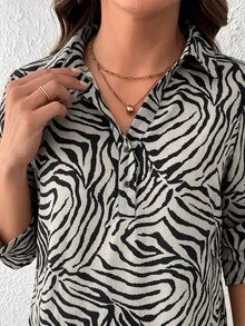 SHEIN LUNE Plus Size Leopard Print Mid-Sleeve Shirt - Black and White - View 3