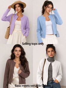SHEIN BASICS 女款休閒純色圓領長袖寬鬆短版針織開襟外套，秋季辦公室校園商務外套，海軍藍 - 淡紫色 - 查看 8