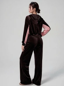DAZY Women's Colorblock Zip-Up Long Sleeve Hoodie And Pants Casual Daily Sports Set - Burgundy - View 4