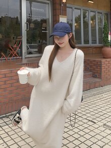 DAZY Women's Solid Color V-Neck Long Sleeve Casual Loose Knit Dress - Beige - View 3