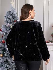 SHEIN Clasi بلوزة نسائية كاجوال متعددة الاستخدامات بياقة على شكل حرف V لامعة للمقاسات الكبيرة - الأسود - مشاهدة 2