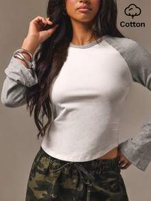 Athîral Women's Casual Round Neck Colorblock Raglan Sleeve Waist-Cinched T-Shirt - Multicolor - View 6