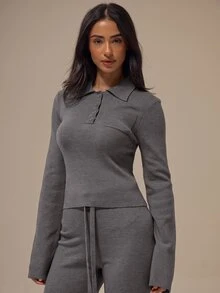 MUSERA ESSENTIALS 麻灰翻領 Polo 領鈕扣門襟單胸口袋修身袖短版針織上衣，基礎居家休閒日常必備款 - 深灰色 - 查看 3