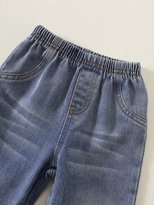 SHEIN 2件組男嬰保暖內裡連帽衫與牛仔冬季長褲，藍白條紋，秋季，街頭生活休閒圖案街頭時尚，城市，返校 - 彩色 - 查看 4