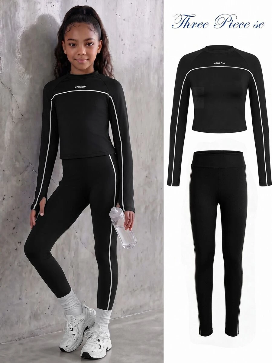 SHEIN Big Girls Sports Set, Slim Fit Contrast Color Black Trim Long ...