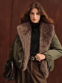Anewsta Women's Plush Patchwork Casual Versatile Winter Padded Coat - Army Green - View 5