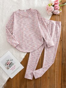 SHEIN Vintaside Kids 少女秋季套裝 3件組 溫柔復古風，花卉長袖上衣、修身長褲，秋季返校穿搭 - 粉色 - 查看 1