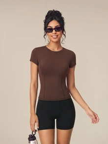 OutZeal 女款健身運動上衣 瑜珈網球休閒 T-shirt 收腹快乾修身短袖上衣 - 棕色 - 查看 8