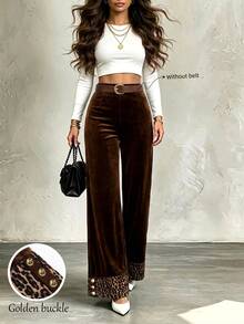 LUMIGAL Winter Women's Elegant Leopard Print Patchwork Button Trousers Business - Black - View 1