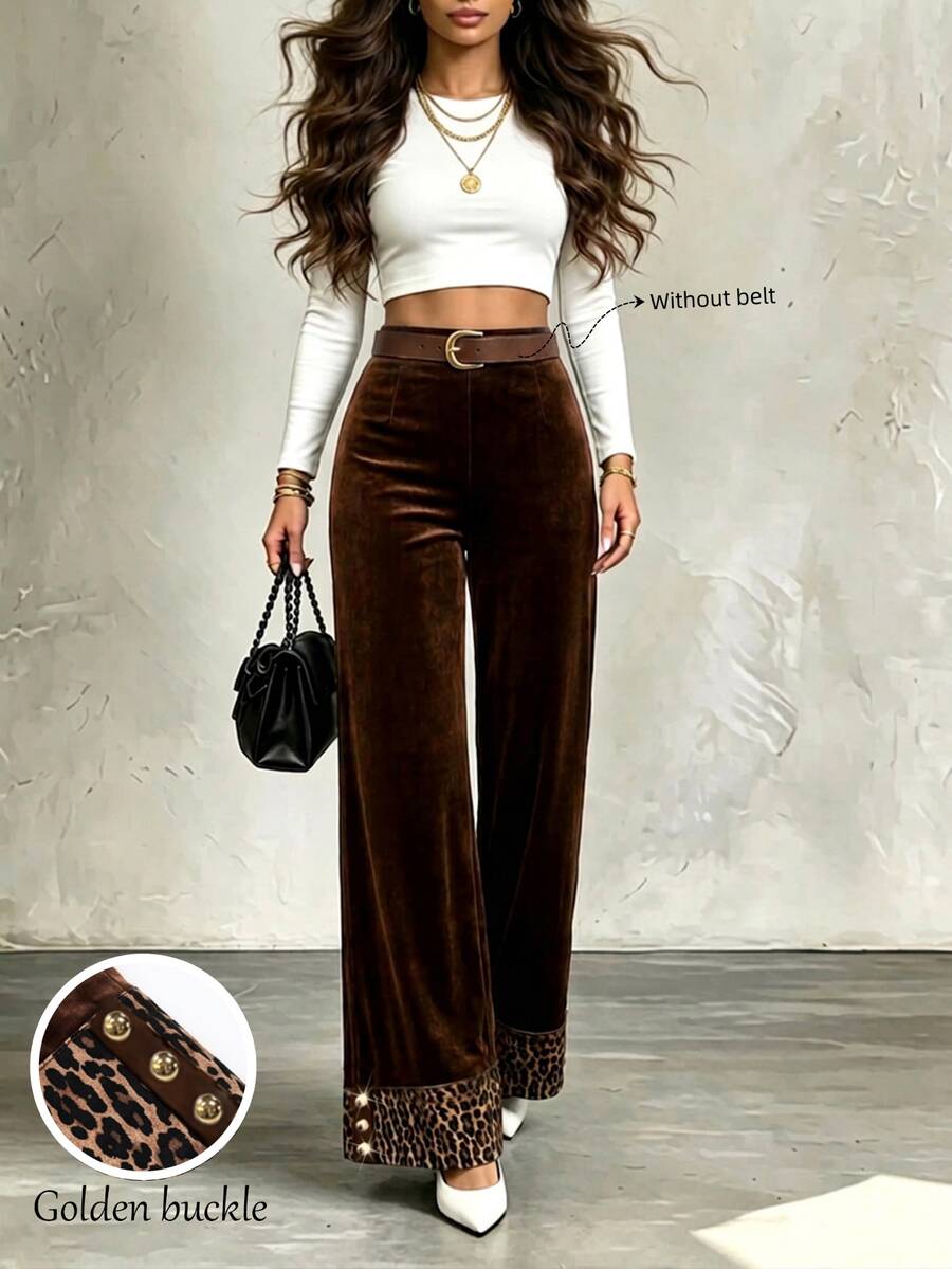 LUMIGAL Winter Women's Elegant Leopard Print Patchwork Button Trousers Business - Black - View 1