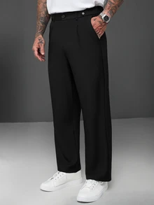 SLATEMANN Pantalones de traje rectos con diseño de botón en la cintura de unicolor para hombres de negocios - Negro - Ver 5
