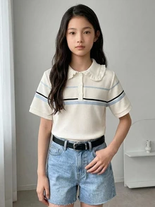 DAZY Basic Style Collared Striped Contrast Color Short Sleeve Top Girls (Large) T-Shirt - Beige - View 5