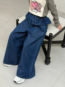 Dazy Kids Tween Girl) Straight Leg Casual Washed Denim Jeans With Frill Trim And Patchwork Design, Autumn/Winter - Blue - View 1