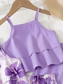 SHEIN 春季女童幼童4件套套裝，2款粉色白色花卉純色荷葉邊細肩帶洋裝，夏季熱帶度假風，兩套造型輕鬆替換，柔軟面料 - 紫色 - 查看 6