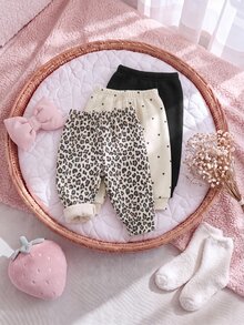 SHEIN 3件組嬰幼兒女童慢跑長褲，可愛甜美白色黑色愛心豹紋羅紋彈性直筒褲，適合派對、秋季假期與運動穿著 - 彩色 - 查看 7