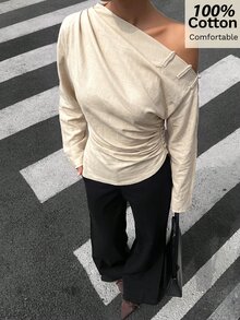 Siren Gaze 女款新款秋冬純棉不對稱肩領襯衫 - 杏色 - 查看 3