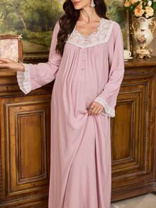 PalaceNights Royal Style Embroidered Lace Trim Long Loose Maternity Nightgown - Dusty Pink - View 5