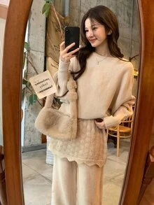 DAZY Women's Vacation Style Sweater 2 Pieces Set - Apricot - View 2