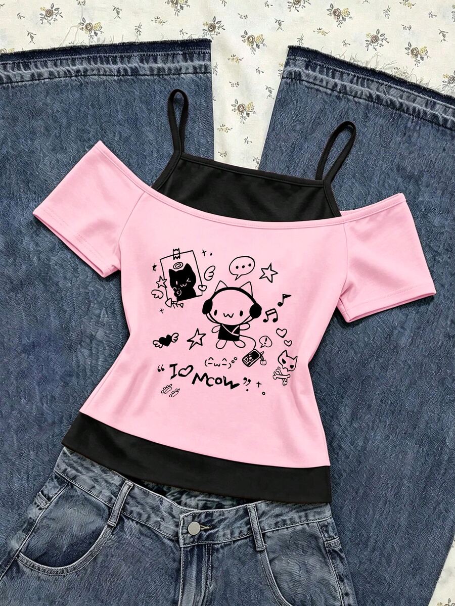 SHEIN Tween Girl Creative Fresh Cute Rabbit & Cat Headphone Design Fun Letter Print 2 In 1 Off-Shoulder Camisole Short Sleeve T-Shirt - Multicolor - View 1