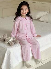 DAZY 女童條紋長袖口袋單排扣上衣與長褲家居服 - 淺粉色 - 查看 3