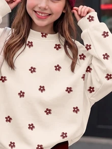 多功能可愛甜美迷你卡通花卉印花，青少年女孩休閒極簡主義抓絨內裡柔軟寬鬆圓領衛衣與刷毛內裡內搭褲套裝，新風格適合秋冬日常、外出、假期、復古聖誕穿搭 - 彩色 - 查看 10