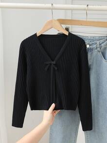 SHEIN 少女純色V領休閒日常開襟衫 - 黑色 - 查看 3