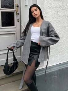 MainGRL 女款純色前綁帶長袖極簡優雅夾克，休閒日常穿著，秋季/辦公室米白色 - 淺灰色 - 查看 6