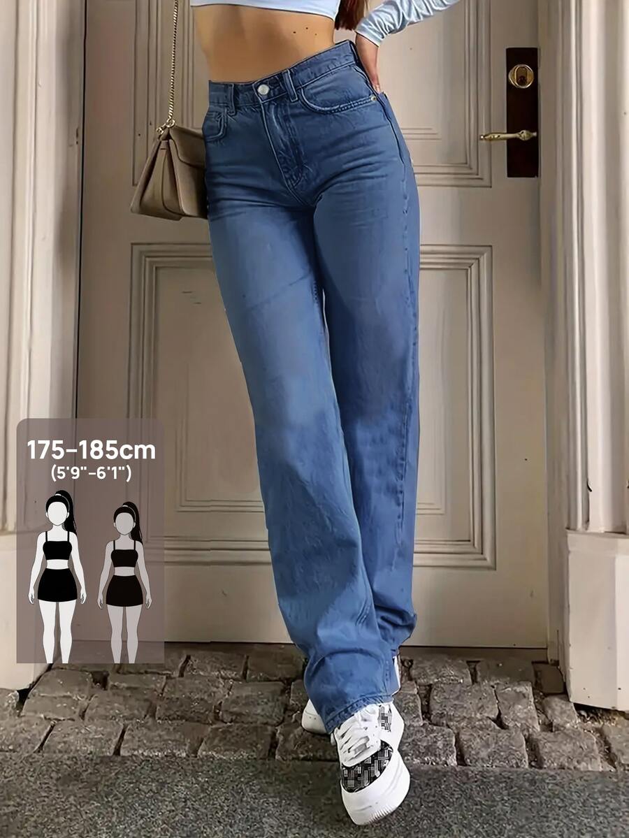 SHEIN Tall 女款高腰美式復古 Y2K 風格寬腿牛仔褲,深藍色水洗修身休閒街頭風長褲,四季百搭日常穿著 - 中等水洗藍 - 查看 1