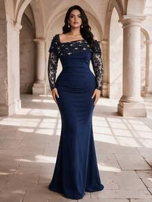 Coutiva Plus Size Women's Lace Patchwork Elegant Waist-Cinching Formal Evening Gown Dress - Navy Blue - View 2